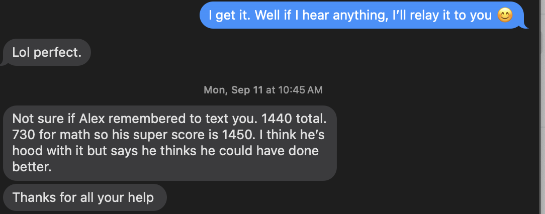 SAT superscore showing 1450. Student: Alex. More Than Standard test prep, Franklin TN.