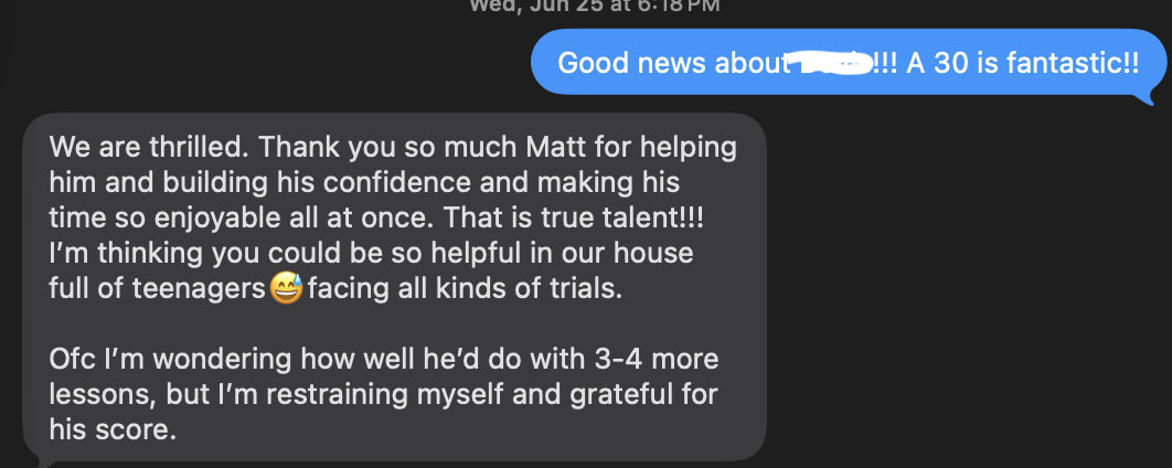 ACT score report showing a 30 composite. Student: Davis. More Than Standard coaching, Franklin TN.