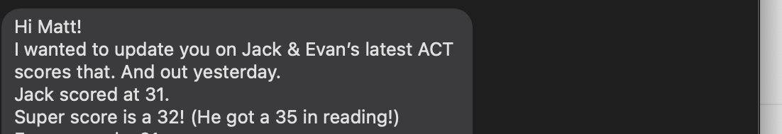ACT superscore showing a 32 composite. Student: Jack. More Than Standard, Brentwood & Franklin TN.