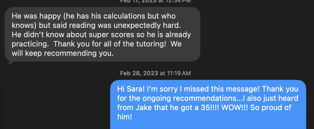 ACT score report showing a 35 composite. Student: Jake. More Than Standard test prep coaching, Brentwood & Franklin TN.