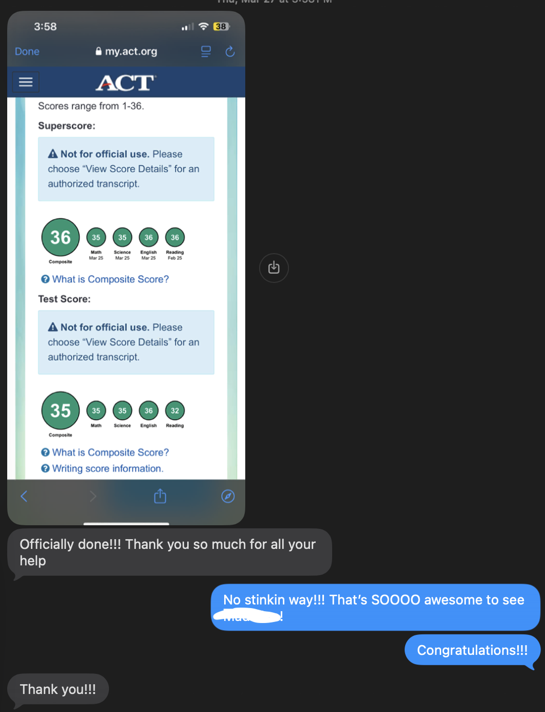 ACT® perfect score 36 — official score report