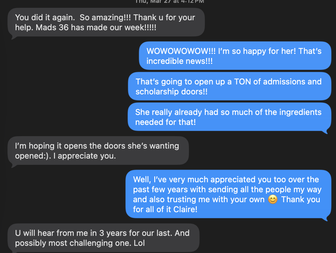Text message screenshot showing ACT 36 score reaction. Student: Madeline. More Than Standard, Franklin TN.