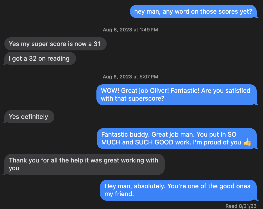 ACT 31 score — student portal view. Student: Oliver. More Than Standard coaching, Franklin & Brentwood TN.