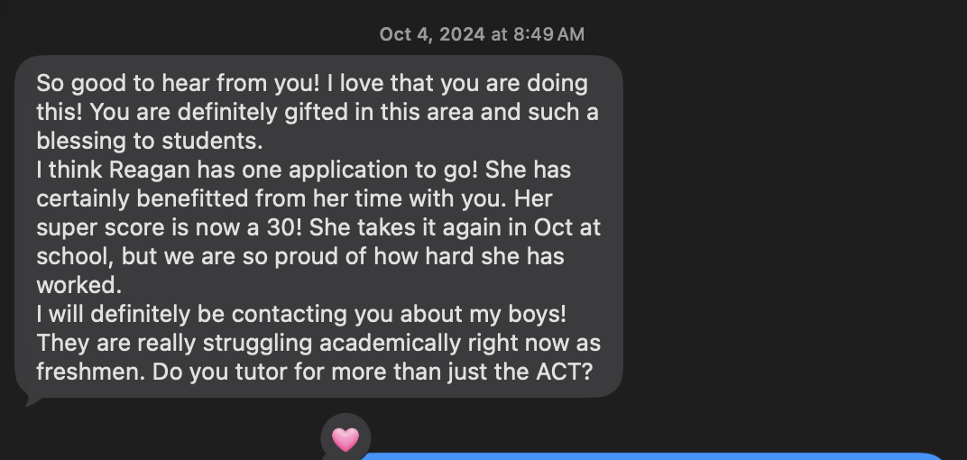 ACT score report showing a 30 composite. Student: Reagan. More Than Standard test prep, Williamson County TN.