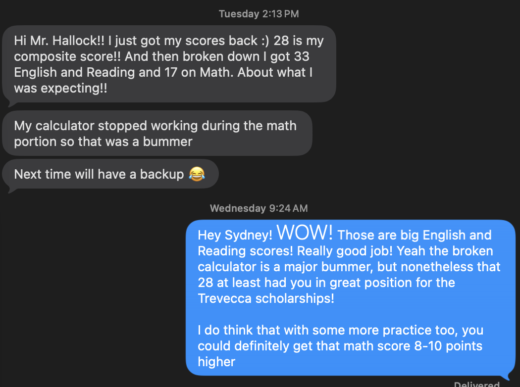 ACT score report showing a 28 composite. Student: Sydney. More Than Standard test prep coaching.
